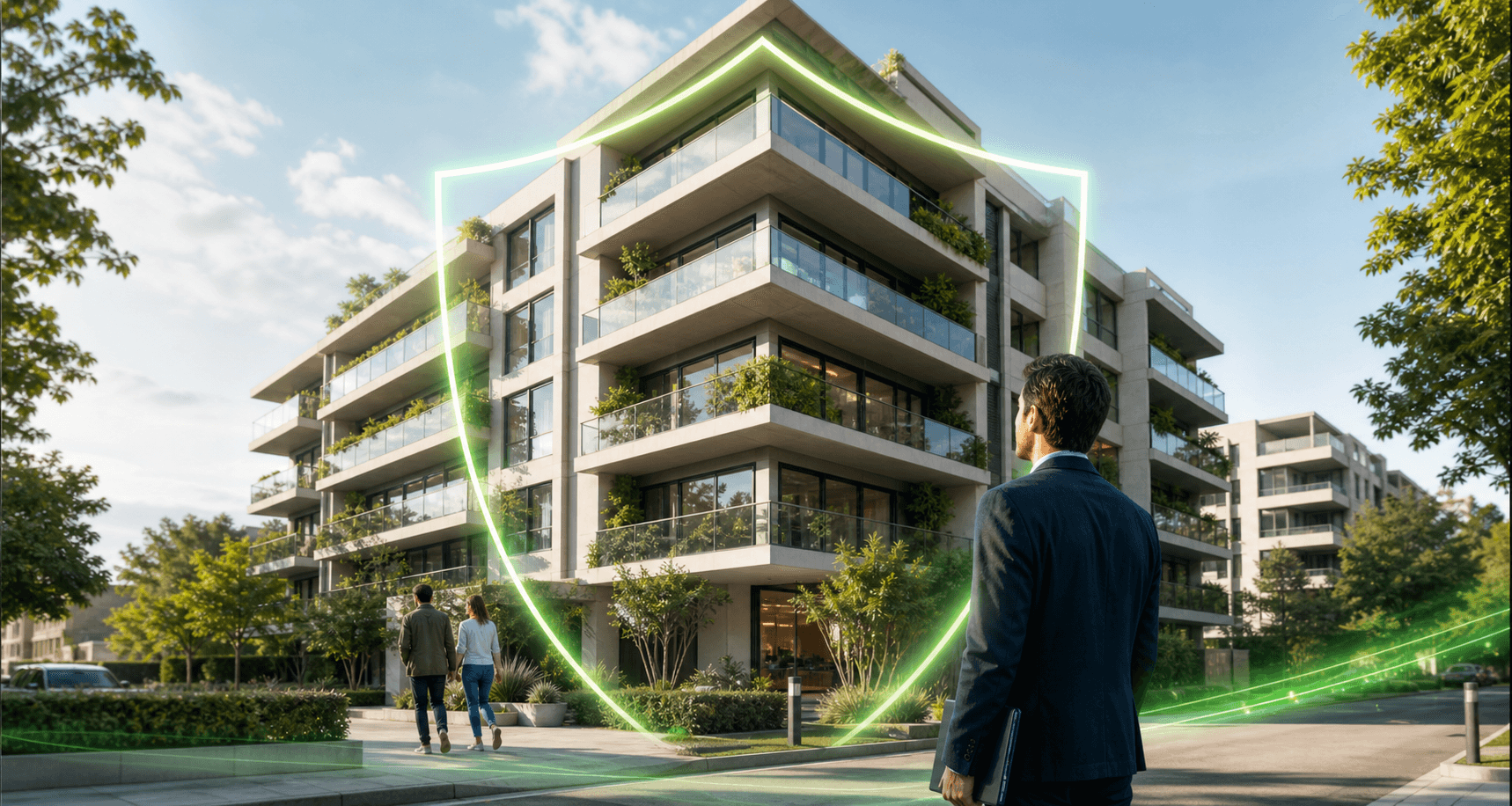 Edificio moderno protegido por un seguro integral de consorcio